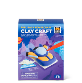 Clay Craft Pull Back Hovercraft DIY kit by Tiny Tiger. The packaging features a colorful design with instructions and the hovercraft illustration. Ideal for kids aged 4-8.