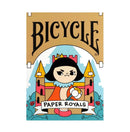 The Paper Royals Playing Cards by RunIt Decks features a vibrant design with a cartoon-style queen and a colorful castle backdrop, perfect for card games. The packaging showcases the title 'Paper Royals' prominently, set against an eye-catching gold background. Ideal for family game nights or gatherings with friends.