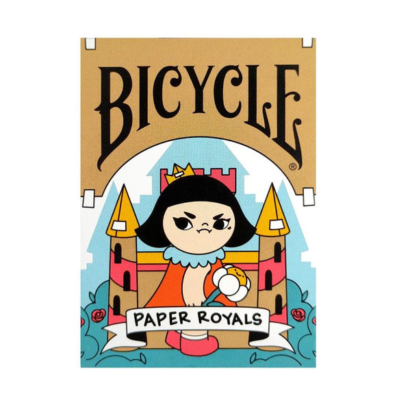 The Paper Royals Playing Cards by RunIt Decks features a vibrant design with a cartoon-style queen and a colorful castle backdrop, perfect for card games. The packaging showcases the title 'Paper Royals' prominently, set against an eye-catching gold background. Ideal for family game nights or gatherings with friends.
