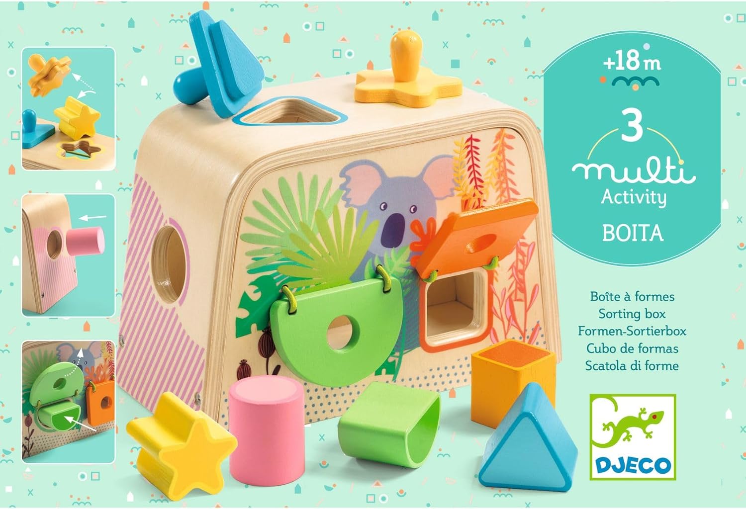 The Multi Boita by DJECO is a colorful wooden sorting box designed for children aged 18 months and older. It features various geometric shapes, including stars, triangles, and circles, which can be inserted into matching holes on the box. The box is decorated with a playful koala illustration and vibrant plant patterns, promoting visual appeal and early learning in shape recognition and motor skills.