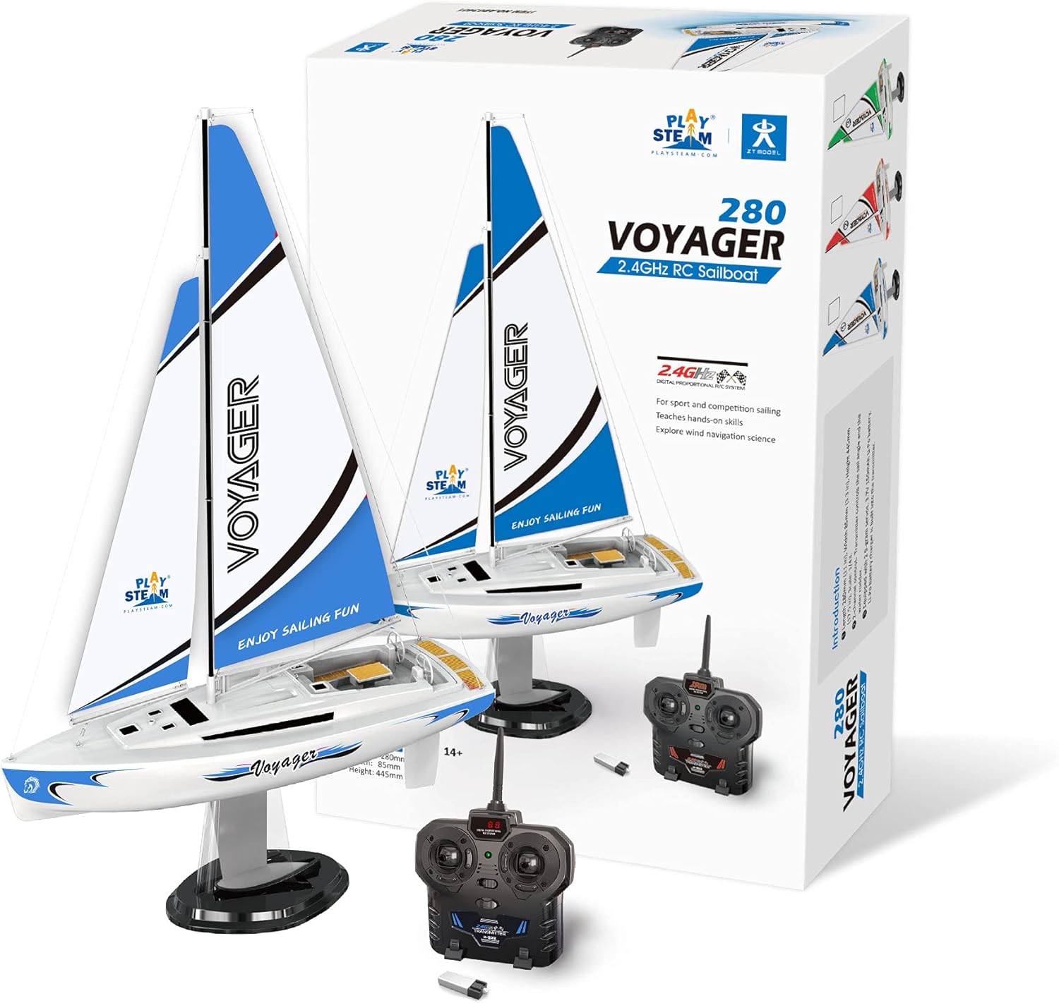 The Voyager 280 2.4G RC Sailboat by PlaySTEAM features a sleek design with a white and blue sail, mounted on a sturdy base, along with a remote control for sailing fun. The product packaging showcases the sailboat with features such as compatibility for sport and competition sailing, educational elements on navigation, and recommended for ages 14 and up.