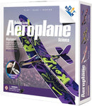 Rubber Band Airplane Science DIY kit by PlaySTEAM. The packaging features a colorful biplane design with graffiti styling, showcasing easy assembly and encouraging learning about aerodynamics. Includes a rubber band mechanism for powered flight.