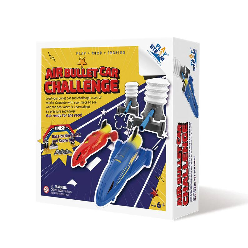 The Air Bullet Car Challenge DIY kit by PlaySTEAM features vibrant packaging showcasing red and blue bullet cars and air pressure launchers. The design includes a colorful race track and engaging graphics that highlight the challenge of racing and learning about air pressure and thrust. Ideal for children aged 6 and up, this set encourages competitive play and STEM learning.