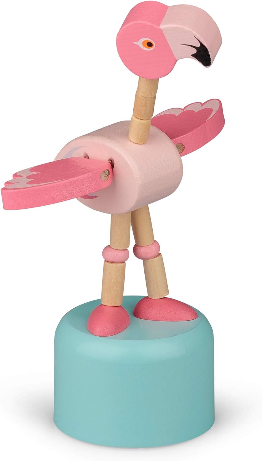 Colorful wooden push toy in the shape of a flamingo. The flamingo features a pink body, a movable head, and articulated wings. It stands on a light blue base, designed for children to push and play with, encouraging imaginative play and fine motor skills.