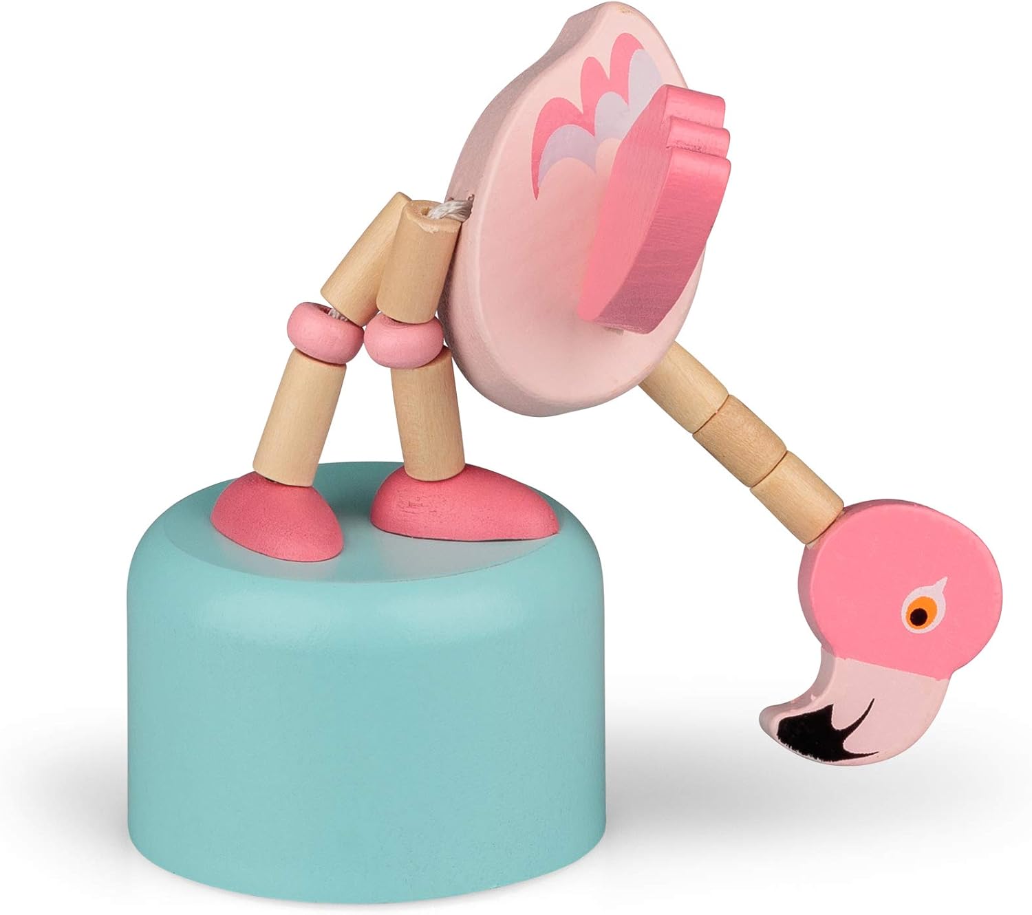 A colorful flamingo wooden push base toy made by One for Fun. The toy features a moveable, articulated flamingo with a pink body and a cute expression, balanced on a round, turquoise base. Ideal for engaging play and development.