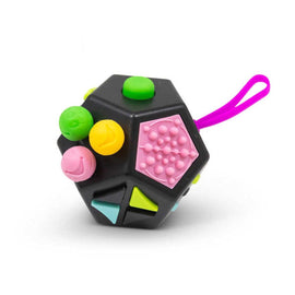 The Mega Fidget is a colorful sensory toy featuring a variety of textured buttons and shapes, designed to promote tactile stimulation and reduce stress. The fidget toy is primarily black with vibrant accents in pink, green, yellow, and blue, providing engaging interactions for both kids and adults. It also has a convenient handle for on-the-go fun.