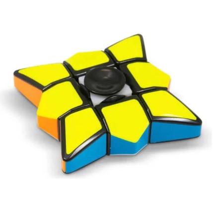 The Magic Spinner Cube by One for Fun is a colorful and interactive fidget toy, featuring a star-shaped design with yellow, orange, and blue segments. Its central black spinner allows for smooth rotation, making it perfect for stress relief and sensory play.