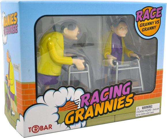 A colorful box of Racing Grannies by One for Fun, featuring two elderly figures using walkers, designed for a fun racing game. The box showcases vibrant graphics with playful illustrations highlighting the theme of grannies racing against each other in a park setting.