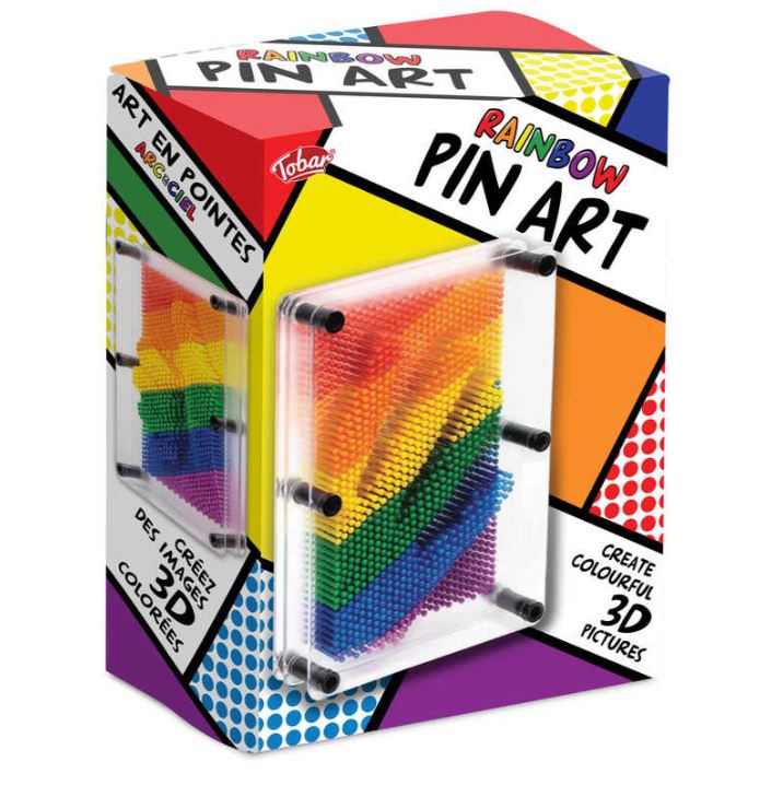 Rainbow Pin Art by One for Fun is a vibrant, colorful 3D pinboard toy that allows users to create intricate designs by pushing pins into various patterns. The packaging features bright colors and fun graphics, showcasing the creative possibilities of this engaging art toy.