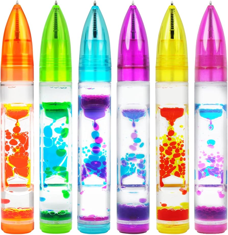 A set of six vibrant Liquid Motion Pens in colorful casings. Each pen features a unique swirling liquid pattern in bright colors like orange, green, blue, purple, and pink, inviting a mesmerizing visual experience while writing.