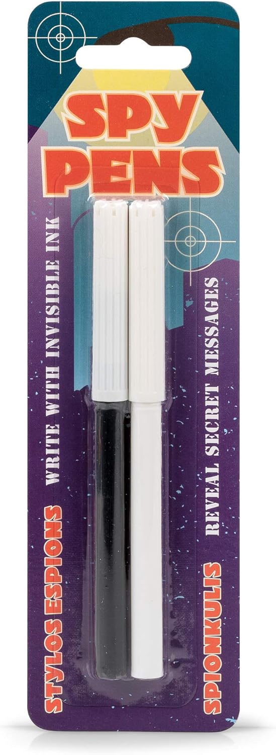 A packaging of Spy Pens by One for Fun featuring two pens, one black and one white. The packaging displays a colorful design, emphasizing the ability to write with invisible ink and reveal secret messages.