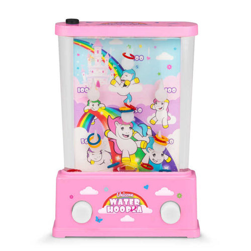 A colorful Unicorn Water Hoopla game by One for Fun featuring a clear plastic container filled with water. Inside, whimsical unicorns and a castle are depicted on a whimsical background with a rainbow. The game is designed for fun target shooting with hoops. The device is primarily pink with white buttons at the bottom, making it visually appealing for kids and adding a playful touch to any play area.