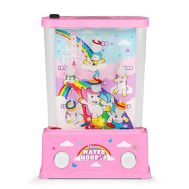 A colorful Unicorn Water Hoopla game by One for Fun featuring a clear plastic container filled with water. Inside, whimsical unicorns and a castle are depicted on a whimsical background with a rainbow. The game is designed for fun target shooting with hoops. The device is primarily pink with white buttons at the bottom, making it visually appealing for kids and adding a playful touch to any play area.