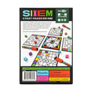 The back of the SIXEM game box, showcasing the fast-paced dice game with colorful components. It features a spinner, 24 vibrant dice, player boards, and dry-erase markers. The instructions highlight the game's competitive nature, where players race to match patterns and sabotage others.