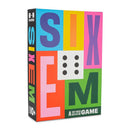 SIXEM by Hootenanny Games is a vibrant box for a fast-paced dice game, featuring colorful sections with the title prominently displayed and dice graphics. Suitable for ages 10 and up, this game can be played with multiple players, providing engaging entertainment for friends and family.