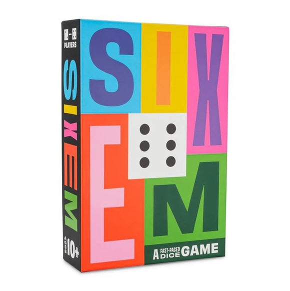 SIXEM by Hootenanny Games is a vibrant box for a fast-paced dice game, featuring colorful sections with the title prominently displayed and dice graphics. Suitable for ages 10 and up, this game can be played with multiple players, providing engaging entertainment for friends and family.