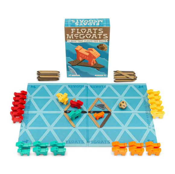 Floats McGoats game by HOotenanny Games. The image features a colorful game board with hexagonal tiles and vibrant goat pieces in red, yellow, green, turquoise, and orange. The game box is visible at the top, depicting a playful goat on a raft. Several wooden game tokens are arranged alongside the board, ready for gameplay.