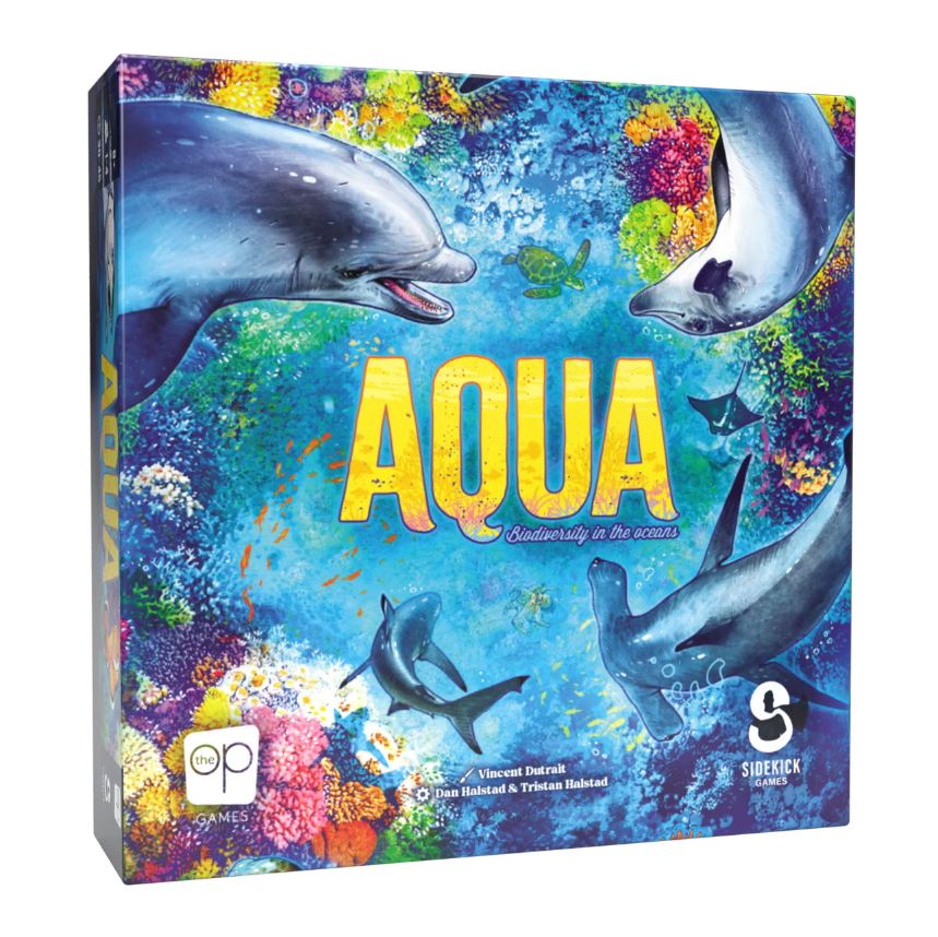 The game 'Aqua' by USAopoly features a colorful box art showcasing vibrant marine life, including dolphins and turtles amidst a coral reef background. The title 'Aqua' is prominent, accompanied by the tagline 'Biodiversity in the oceans.'