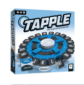 A game titled 'Tapple' by USAopoly, featuring a circular game board with letters arranged around it. The board is designed for fast-paced word fun, encouraging players to quickly think of words based on specific categories. The packaging showcases elements like 'Pizza Toppings' and 'Pet Names', highlighting the fun and engaging aspects of the game.