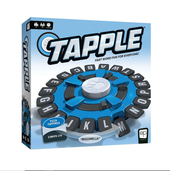 A game titled 'Tapple' by USAopoly, featuring a circular game board with letters arranged around it. The board is designed for fast-paced word fun, encouraging players to quickly think of words based on specific categories. The packaging showcases elements like 'Pizza Toppings' and 'Pet Names', highlighting the fun and engaging aspects of the game.