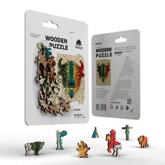 Bison Piecezz Jigsaw Puzzle in a package, featuring intricately designed wooden pieces with various animal shapes. The back shows puzzle details. Several colorful smaller figures are displayed in front, showcasing the puzzle's theme.