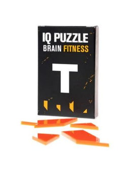 IQ Puzzle T from GEEK Toys US, featuring bright orange and white mechanical puzzle pieces displayed alongside the sleek black packaging labeled 'IQ PUZZLE BRAIN FITNESS T'. Ideal for enhancing cognitive skills and brain fitness.