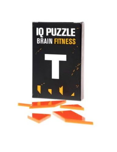 IQ Puzzle T from GEEK Toys US, featuring bright orange and white mechanical puzzle pieces displayed alongside the sleek black packaging labeled 'IQ PUZZLE BRAIN FITNESS T'. Ideal for enhancing cognitive skills and brain fitness.