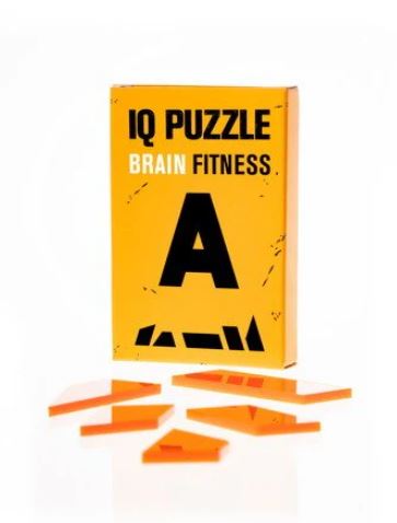 IQ Puzzle A by GEEK Toys US. This mechanical puzzle features vibrant orange pieces alongside a bright yellow box that emphasizes brain fitness. Perfect for enhancing cognitive skills and problem-solving abilities, the puzzle invites users to arrange the pieces creatively.