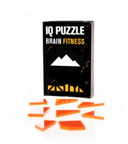 The IQ Puzzle Egyptian Pyramids by GEEK Toys US showcases a box with a striking black design and bright orange puzzle pieces scattered in front. The packaging features the product name and a mountain graphic, emphasizing an engaging mechanical puzzle experience that encourages brain fitness and problem-solving skills.