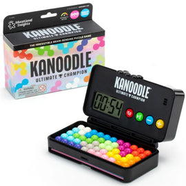 Kanoodle Ultimate Champion mechanical puzzle game by Educational Insights, featuring a digital timer and colorful marbles set in a compact case. The box showcases vibrant graphics and indicates it includes 500 challenging puzzles.