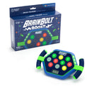 BrainBolt Boost memory game by Educational Insights. The game includes a hexagonal device with multiple colored buttons (green, yellow, red, and blue) and an LCD display showing a score. The game box features colorful graphics and states its age recommendation of 5 and up, designed to enhance memory skills.