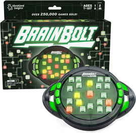 BrainBolt by Educational Insights is an interactive memory game designed for ages 7 to 107. The game features a round device with colorful LED lights and various buttons. It is packaged in a vibrant box that promotes engaging gameplay and cognitive challenges, ideal for family fun or group competitions.