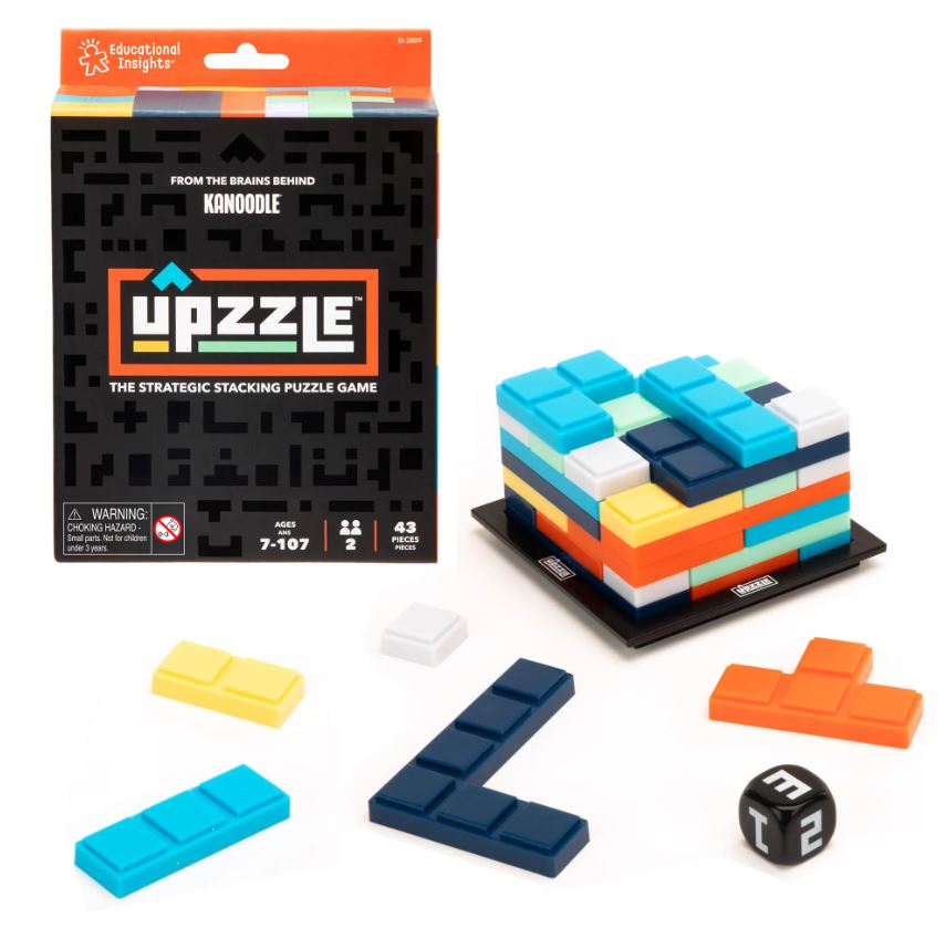 Upzzle by Educational Insights is a strategic stacking puzzle game featuring 43 colorful pieces in various shapes, designed for ages 7 to 107. The game encourages critical thinking and problem-solving as players stack the pieces according to challenges. The packaging displays vibrant graphics with instructions and warnings.