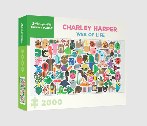 Pomegranate Web of Life Charley Harper jigsaw puzzle box featuring a vibrant collage of wildlife and nature-themed illustrations, designed by Charley Harper. The puzzle includes 2000 pieces and highlights intricate shapes and colors.