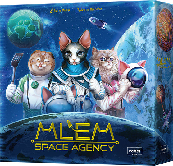 The box for the MLEM: Space Agency game by Rebel features an illustration of three charming cartoon cats dressed as astronauts, each holding space-related items. The background displays a colorful cosmic scene with planets and stars, emphasizing the game's space theme.