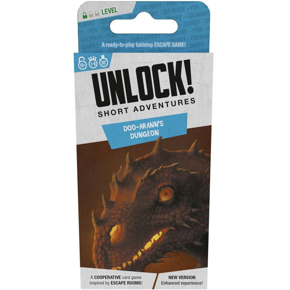 Unlock Short: Doo Arann's Dungeon is a cooperative tabletop escape game featuring a dramatic cover art of a fearsome dragon. The packaging highlights the game level, recommended age, and playtime, making it easy to understand its gameplay dynamics. Perfect for fans of adventure and problem-solving.