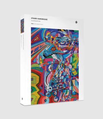 A 1000-piece jigsaw puzzle titled 'Shapeshifter' by Starr Hardridge, featuring a vibrant, abstract design showcasing vivid colors and intricate shapes. The packaging prominently displays the artwork and title.
