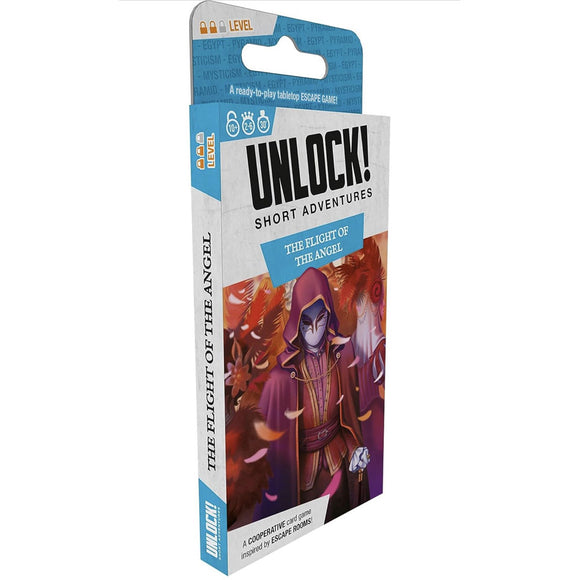 Unlock Short: The Flight of the Angel game by Space Cowboys. The packaging features an illustration of a mysterious figure in a hooded cloak surrounded by swirling leaves, suggesting a fantasy escape game experience for 1-6 players aged 10 and up. Perfect for cooperative gameplay and adventure enthusiasts.