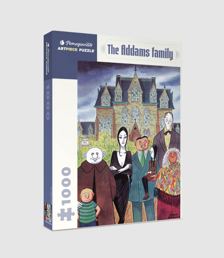 The Addams Family jigsaw puzzle box by Pomegranate featuring a colorful illustration of the iconic Addams family members in front of their gothic mansion. The puzzle contains 1000 pieces, showcasing a unique and whimsical design that captures the essence of the beloved characters.