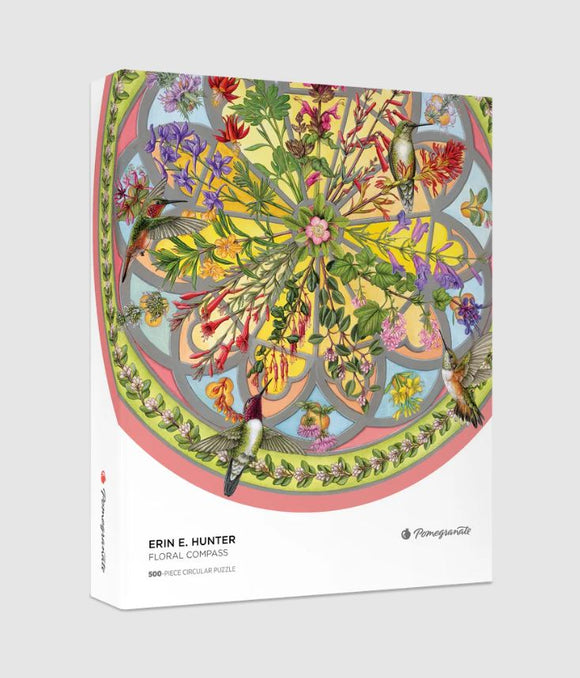 Floral Compass jigsaw puzzle by Erin E. Hunter, featuring vibrant illustrations of flowers and hummingbirds arranged in a circular design. Ideal for puzzle enthusiasts and nature lovers.