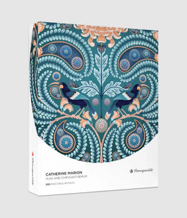 Huia and Chrysanthemum jigsaw puzzle by Pomegranate featuring a vibrant floral and bird design. The box showcases a circular layout with intricate patterns in a soothing color palette of teal, coral, and gold. Ideal for puzzle enthusiasts looking to enhance their collection.