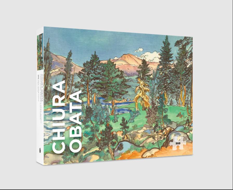 Chiura Obata jigsaw puzzle featuring a vibrant landscape design with mountains, trees, and a serene lake. The puzzle includes 500 pieces and showcases the beauty of nature in Obata's distinctive artistic style.