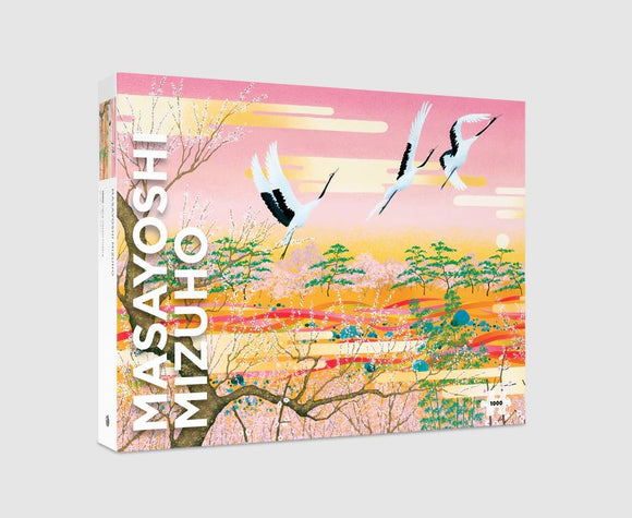 Masayoshi Mizuho jigsaw puzzle by Pomegranate featuring a beautiful landscape with cherry blossoms and cranes flying against a colorful sunset backdrop. Contains 1000 pieces.
