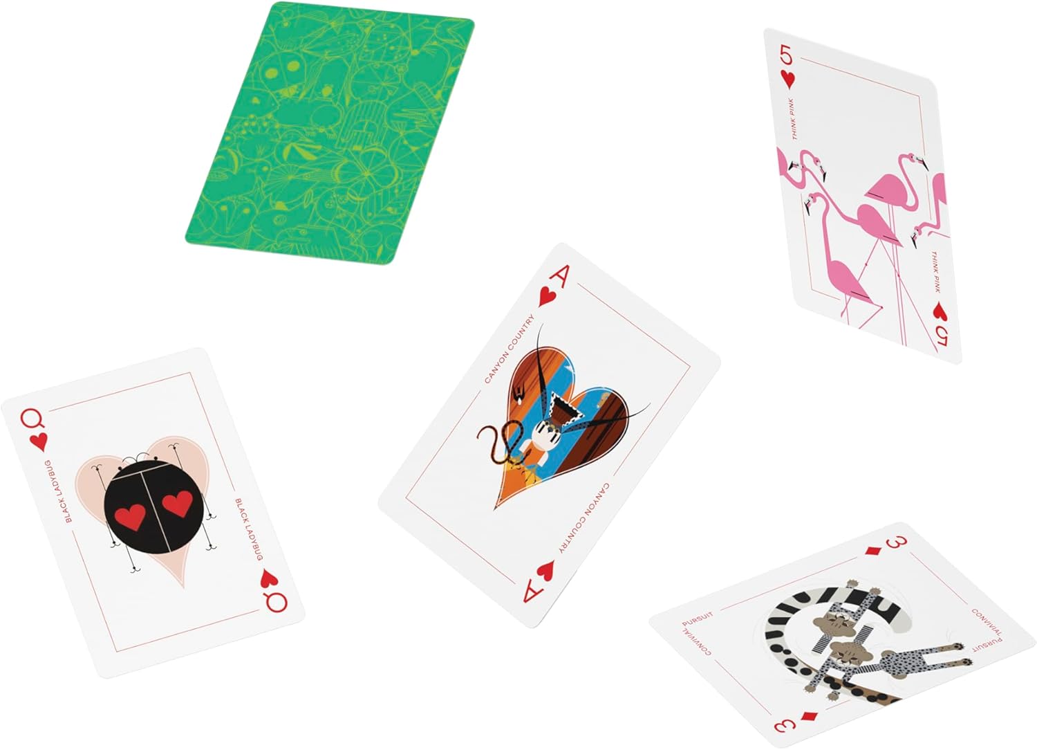 A set of Charley Harper Playing Cards by Pomegranate. The image showcases five cards featuring unique and colorful designs, including a green card with intricate patterns, a whimsical ladybug, a stylized heart with artwork, a pair of flamingos, and a playful zebra design. The cards feature bright colors and artistic illustrations inspired by nature, making them a delightful addition to any game night.