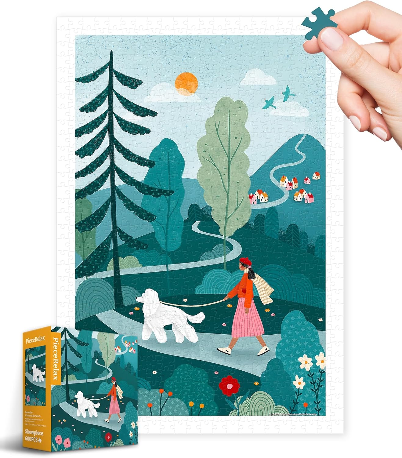 A colorful jigsaw puzzle titled "Wander in the Woods" by Pintoo Corporation, depicting a serene forest scene with a woman walking her dog along a winding path, surrounded by tall trees, mountains in the background, and quaint houses in the distance. The puzzle box is shown at the bottom left.