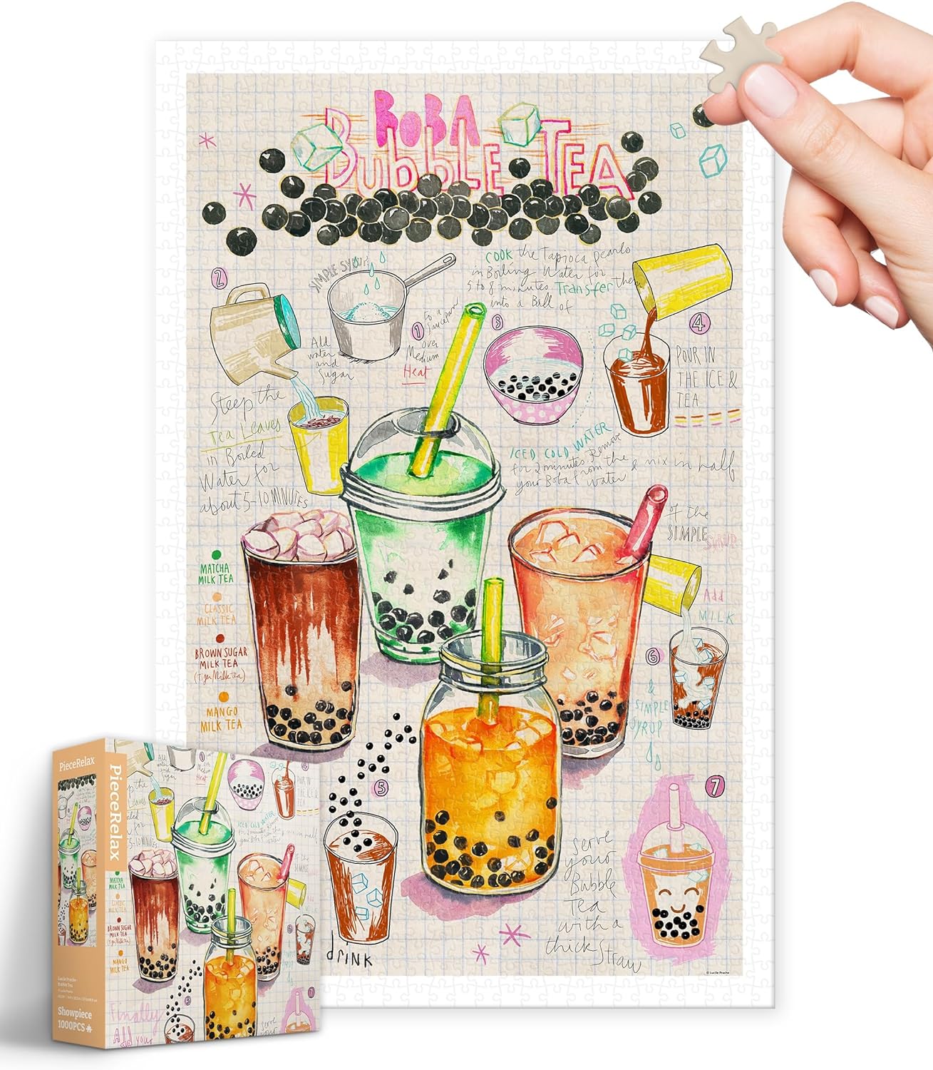 Lucile Prache Bubble Tea jigsaw puzzle by Pintoo Corporation featuring colorful illustrations of various bubble tea drinks, complete with clear step-by-step instructions and vibrant designs. A hand holds a puzzle piece above the assembled artwork.