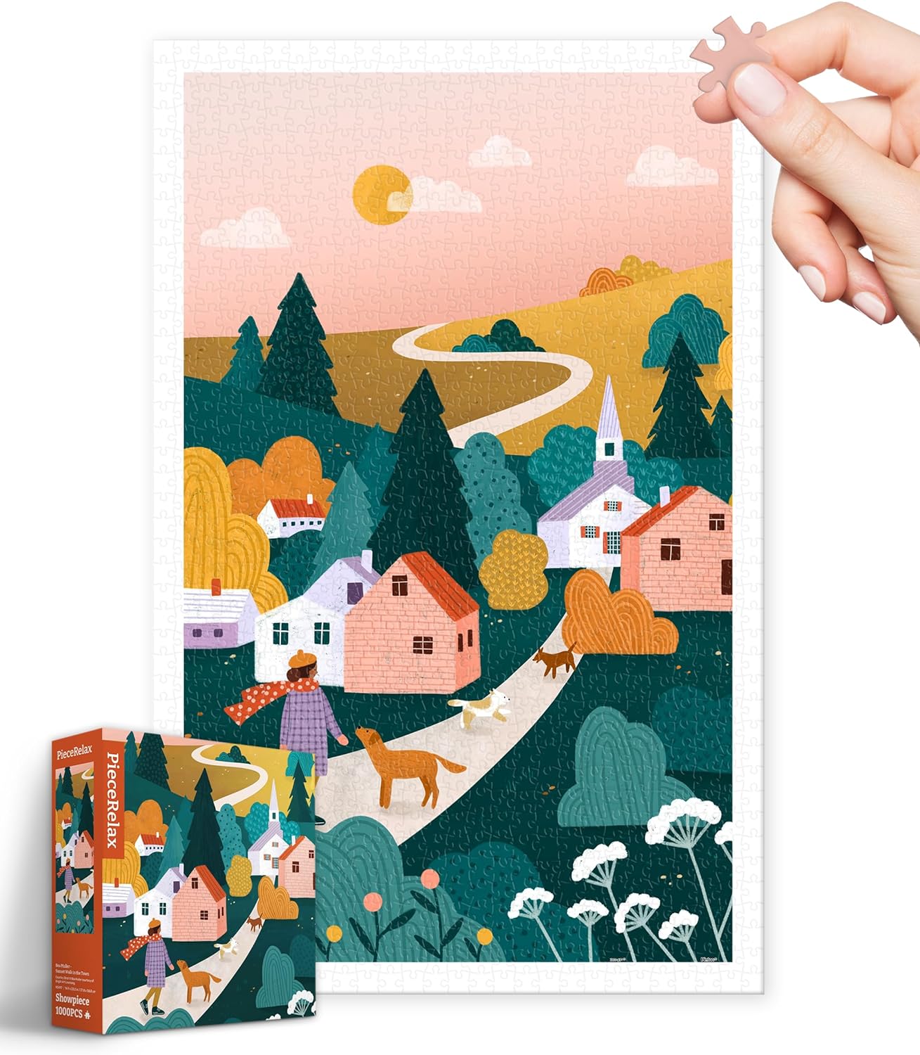 A colorful jigsaw puzzle titled 'Sunset Walk in the Town' created by Pintoo Corporation. The puzzle features a scenic illustration of a winding path through a quaint town with various houses, trees, and a person walking with two dogs, under a warm sunset sky. A hand is shown holding a puzzle piece next to the completed image.