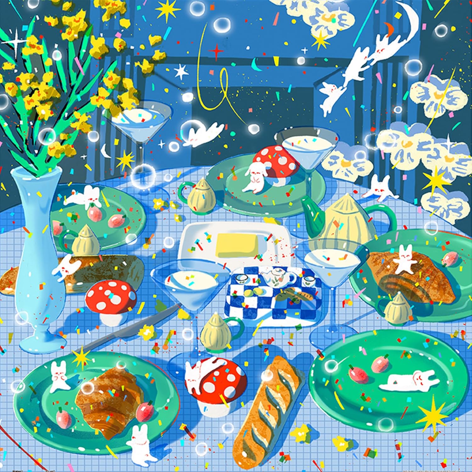 Fangyu Ma - It's Party Night jigsaw puzzle featuring a colorful illustration of a festive dining table adorned with playful bunnies, an array of food items including plates with salmon, pastries, and drinks, surrounded by vibrant decorations and a blue backdrop.