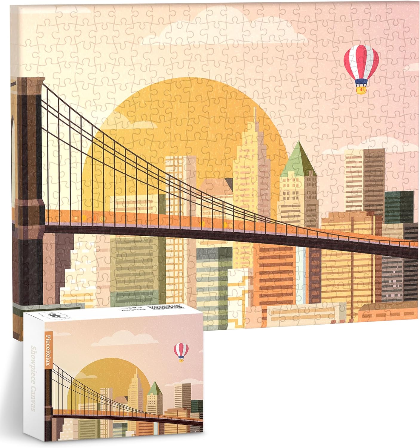 A vibrant jigsaw puzzle featuring a stylized illustration of the Brooklyn Bridge at sunset, with warm sunset hues and a hot air balloon in the sky. The puzzle is partially shown next to its packaging, which depicts the same design.