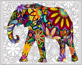 A colorful jigsaw puzzle featuring a cheerful elephant filled with vibrant patterns of flowers and leaves against a grey background. This puzzle showcases a playful and artistic design, perfect for puzzle enthusiasts.